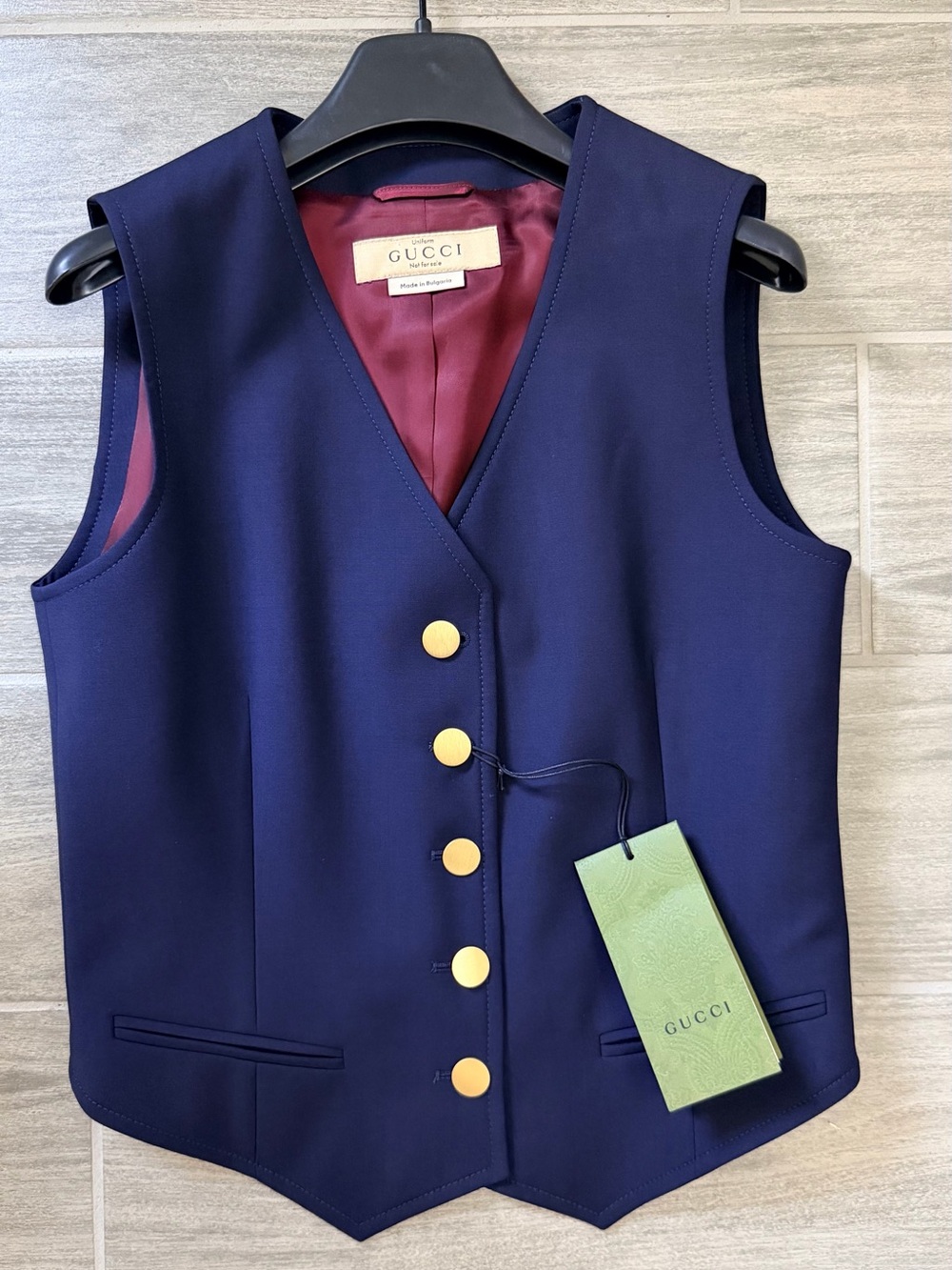 Gucci Navy Vest with Burgundy Lining and Gold Buttons